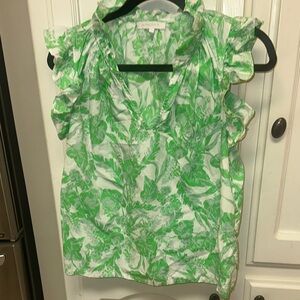Olivaceous White and Green Floral Ruffle Sleeve Blouse